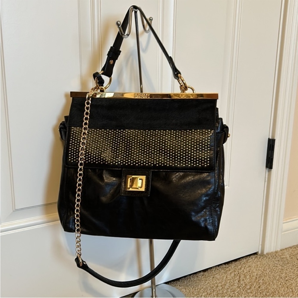 Badgely Mischka Vintage Leather & Pony Hair Studded Satchel Crossbody Bag